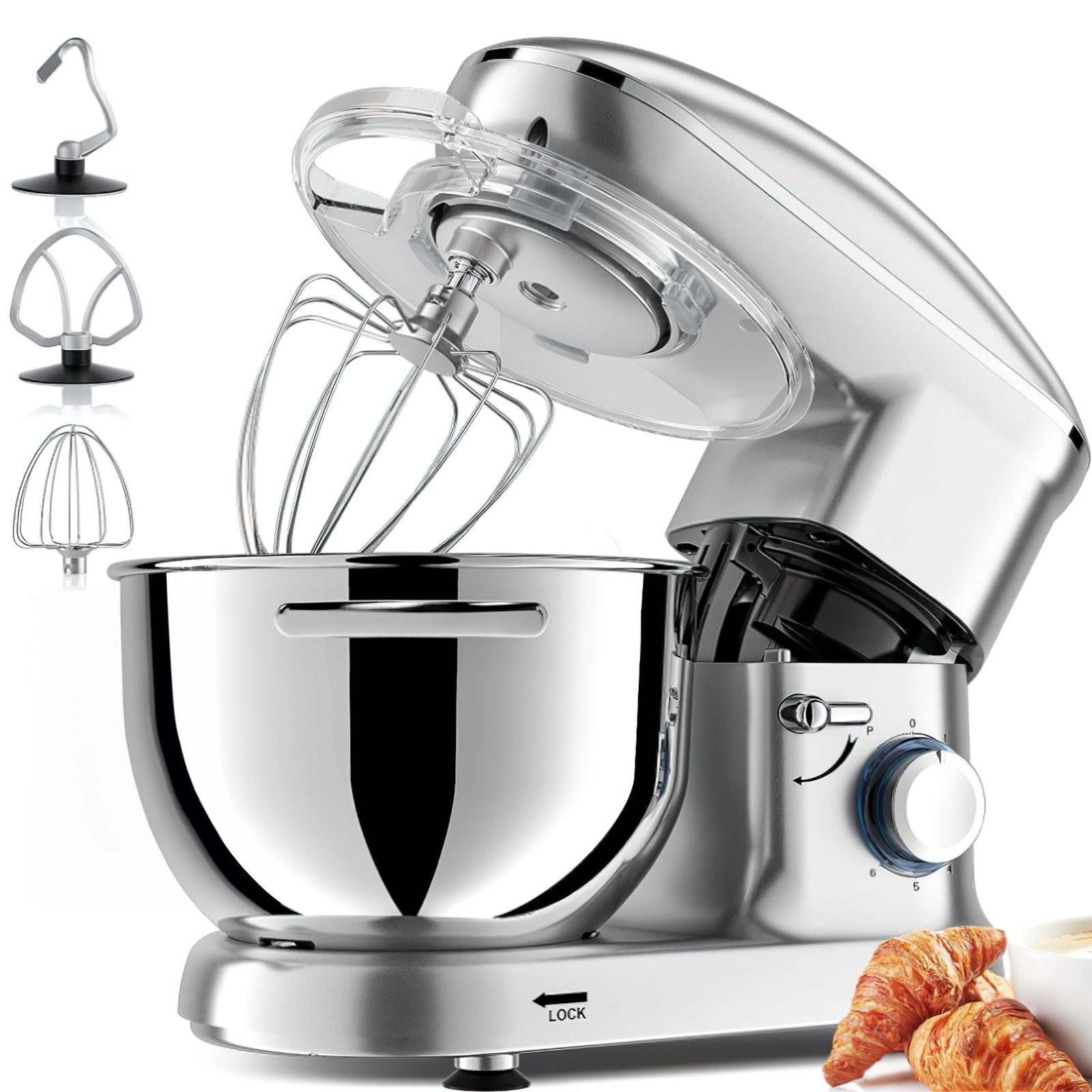 Mutoy Küchenmaschine Knetmaschine, 1400,00 W, 6,00 l Schüssel, 6 Geschwindigkeiten Geräuscharme Teigknetmaschine