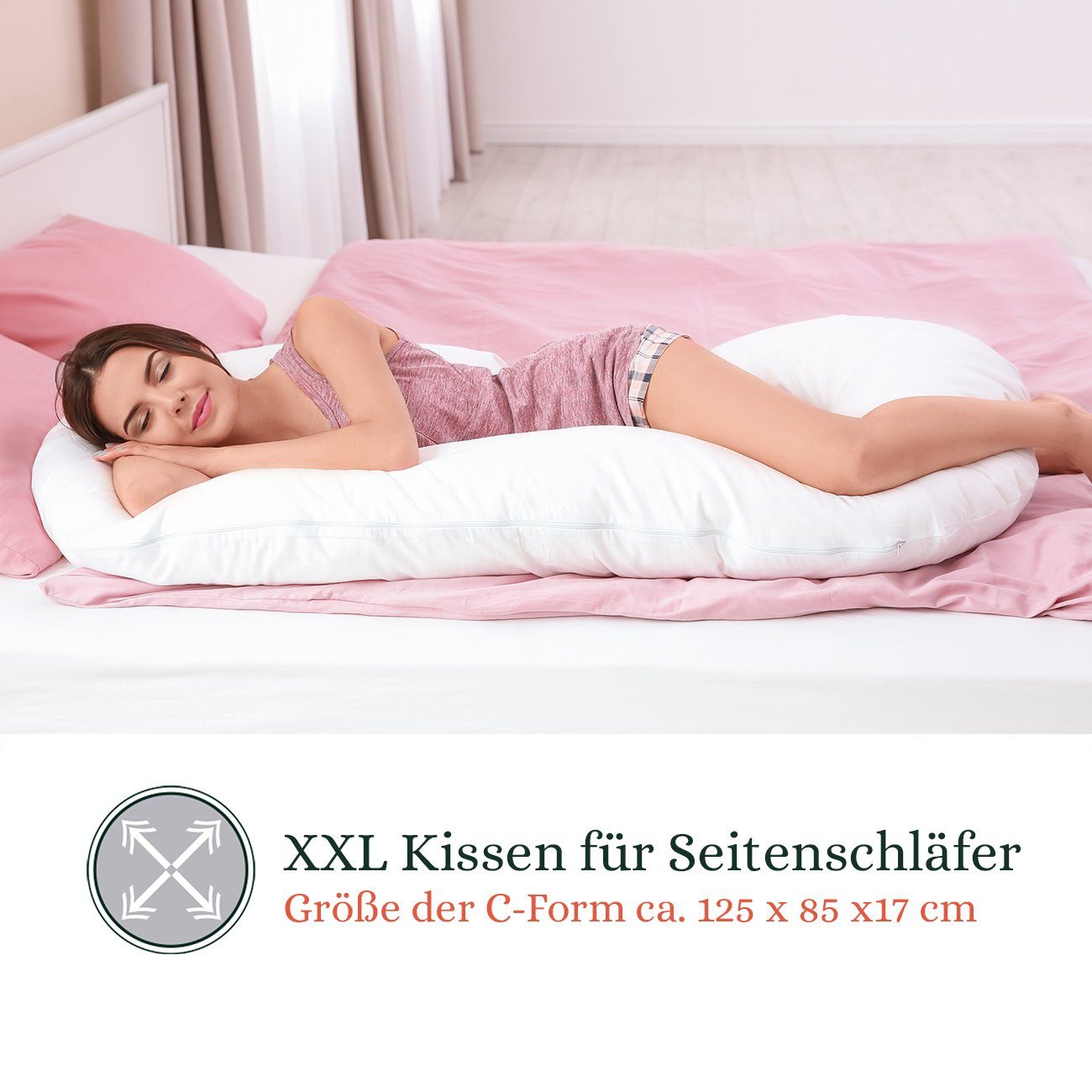 VOYAL LINNEN Seitenschläferkissen XXL C-Form Schwangerschaftskissen mit Bezug und verformbarer Füllung, Hergestellt in der EU, traumhafter Schlafkomfort