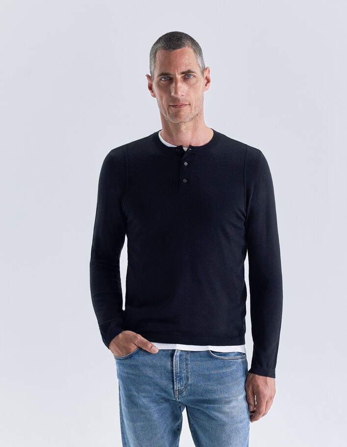 Pull noir tricot à col tunisien Homme