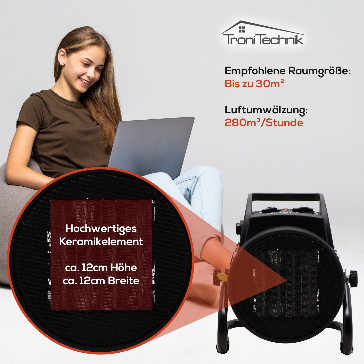 TroniTechnik Heizstrahler Heizlüfter, Keramikheizung, Schnellheizer TT-KH-503,Keramikheizelement, 3000 W, zwei Heizstufen, Überhitzungsschutz und Abschaltautomatik, Thermostat