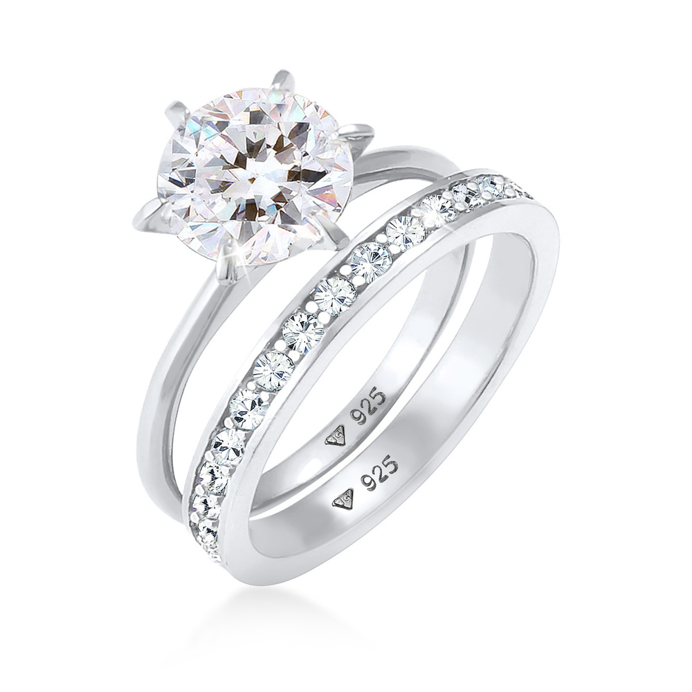Elli Elli Bague Femmes Bande Set Solitaire Glamoureux avec Cristaux en Argent Sterling Bague