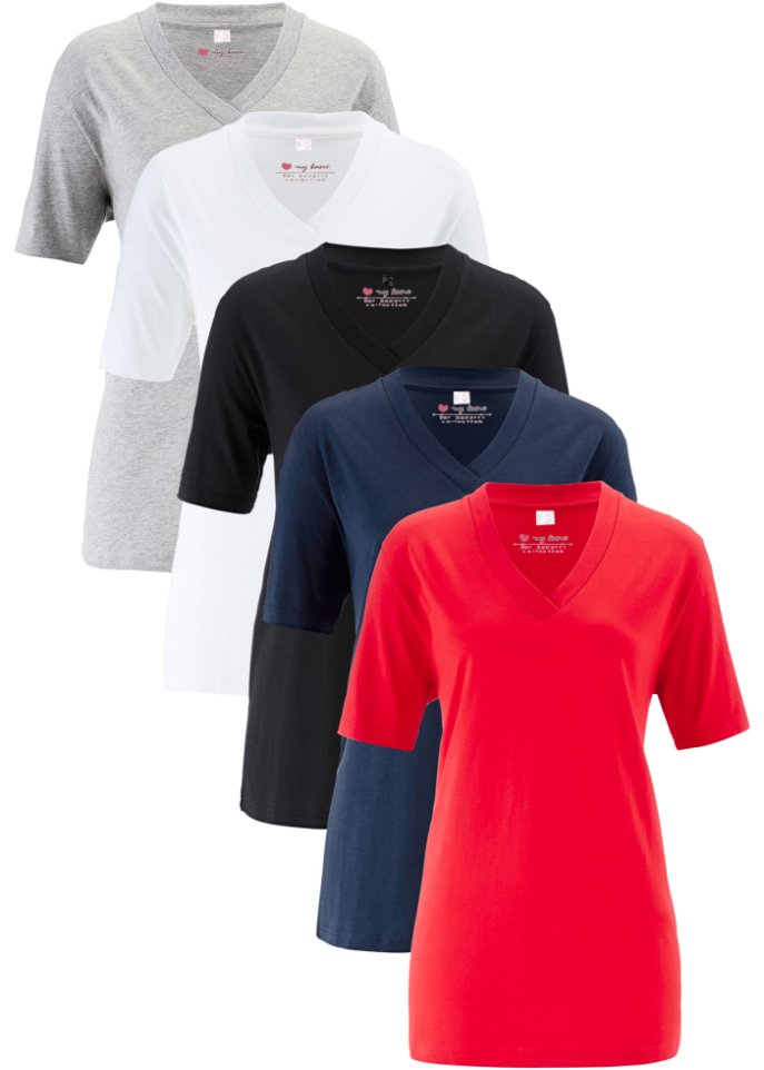 Weites Long-Shirt mit V-Ausschnitt, Kurzarm (5er Pack)