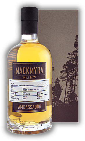 Mackmyra Ambassadör Mackmyra Ambassadör Eine limitierte Sonderabfüllung. Einzigartig in der Fasswahl, der Fasskörper besteht aus Ex-Bourbon und die Böden aus schwedischer Eiche. 0,5	 Liter - Vol 48,8%