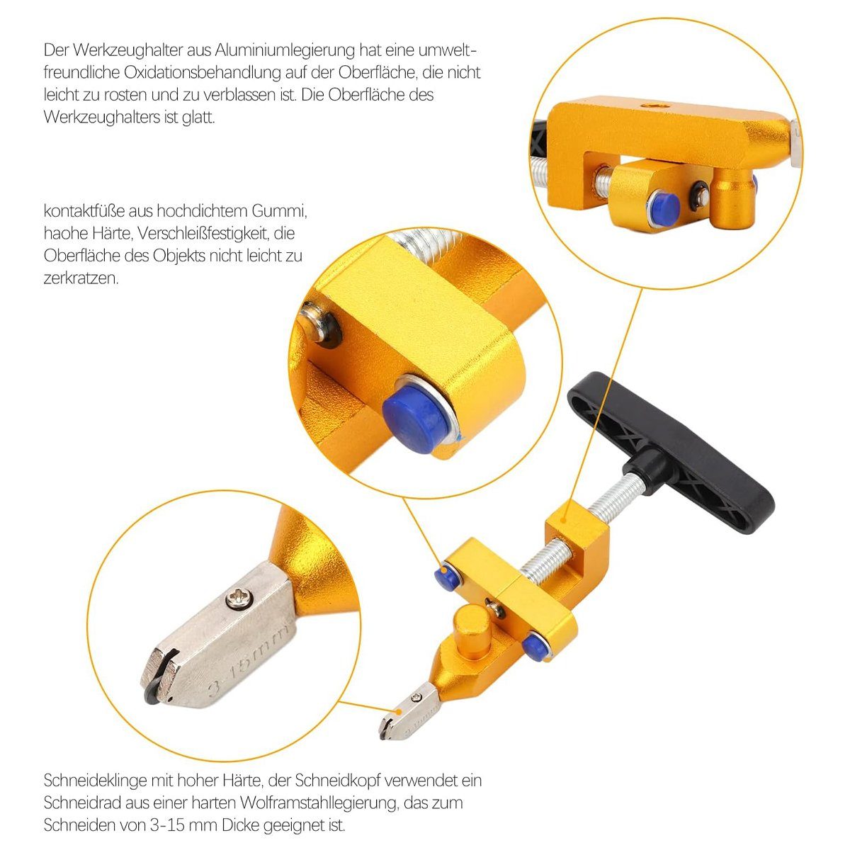 flowgoer Fliesenschneider 2-in-1 professioneller Glas- und Fliesenschneider, 1-tlg., Mit 2 Hartmetall-Schneidköpfen (3-15 mm) und 4 Kontaktfüßen