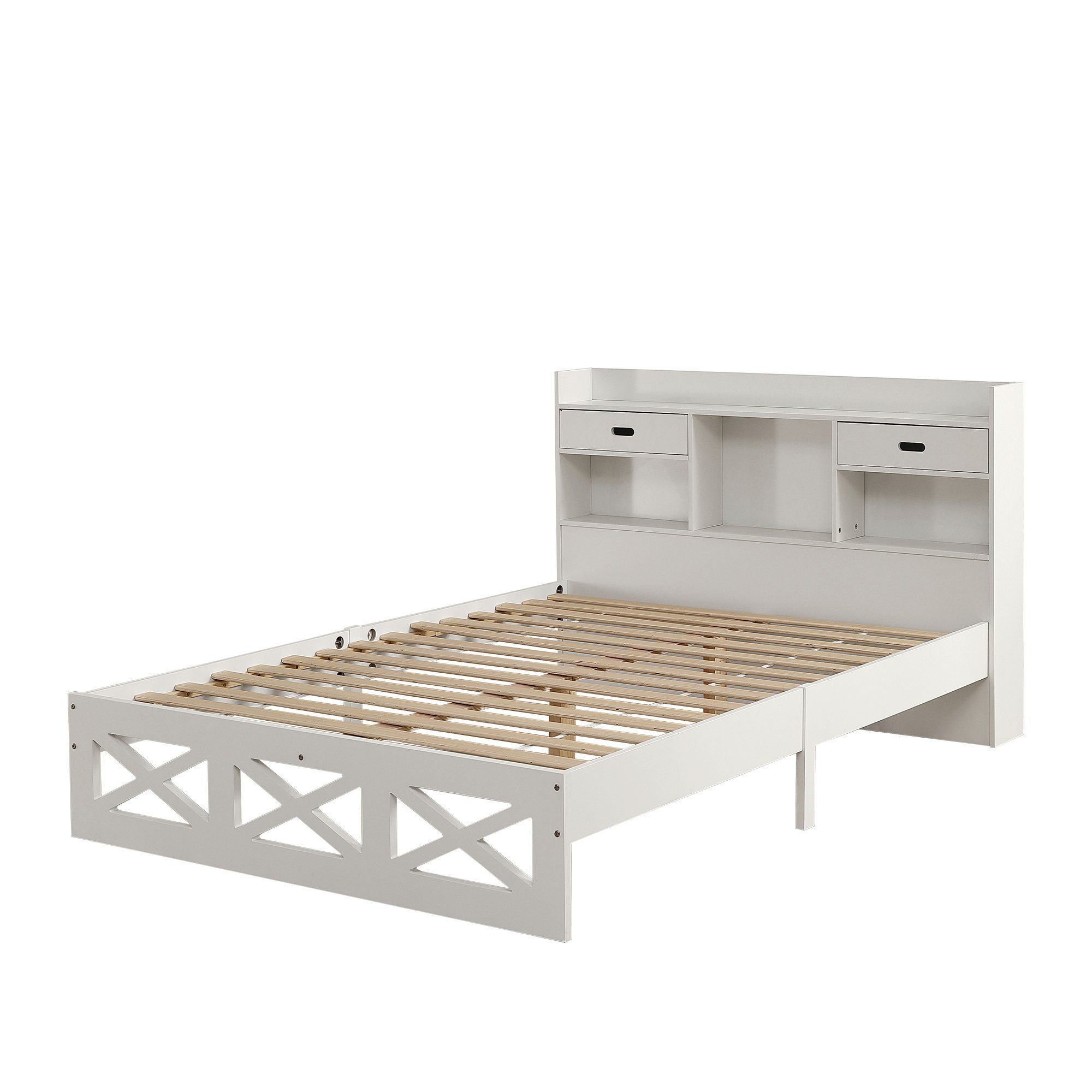HAUSS SPLOE Holzbett Holzbett Doppelbett Bettgestell Kinderbett Gästebett (mit Holz Lattenroste und Aufbewahrungsfunktion, Kopfteil mit Stauraum), 140*200 cm, Weiß