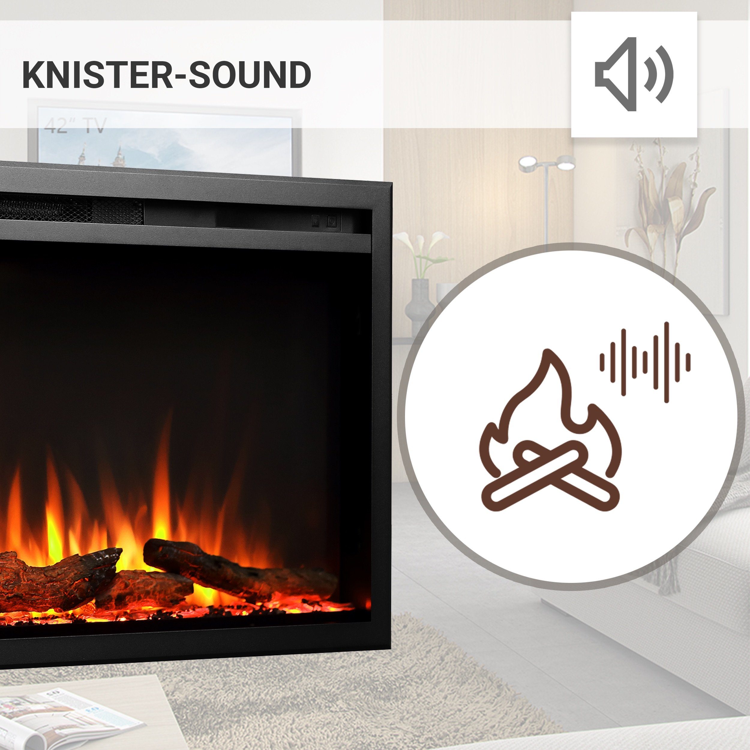 RICHEN Elektrokamin Atalanta, Einbaukamin mit Heizung 2000W, 3D-Flammeneffekt, integrierte Knisterfunktion, Fernbedienung, Timer, Thermostat