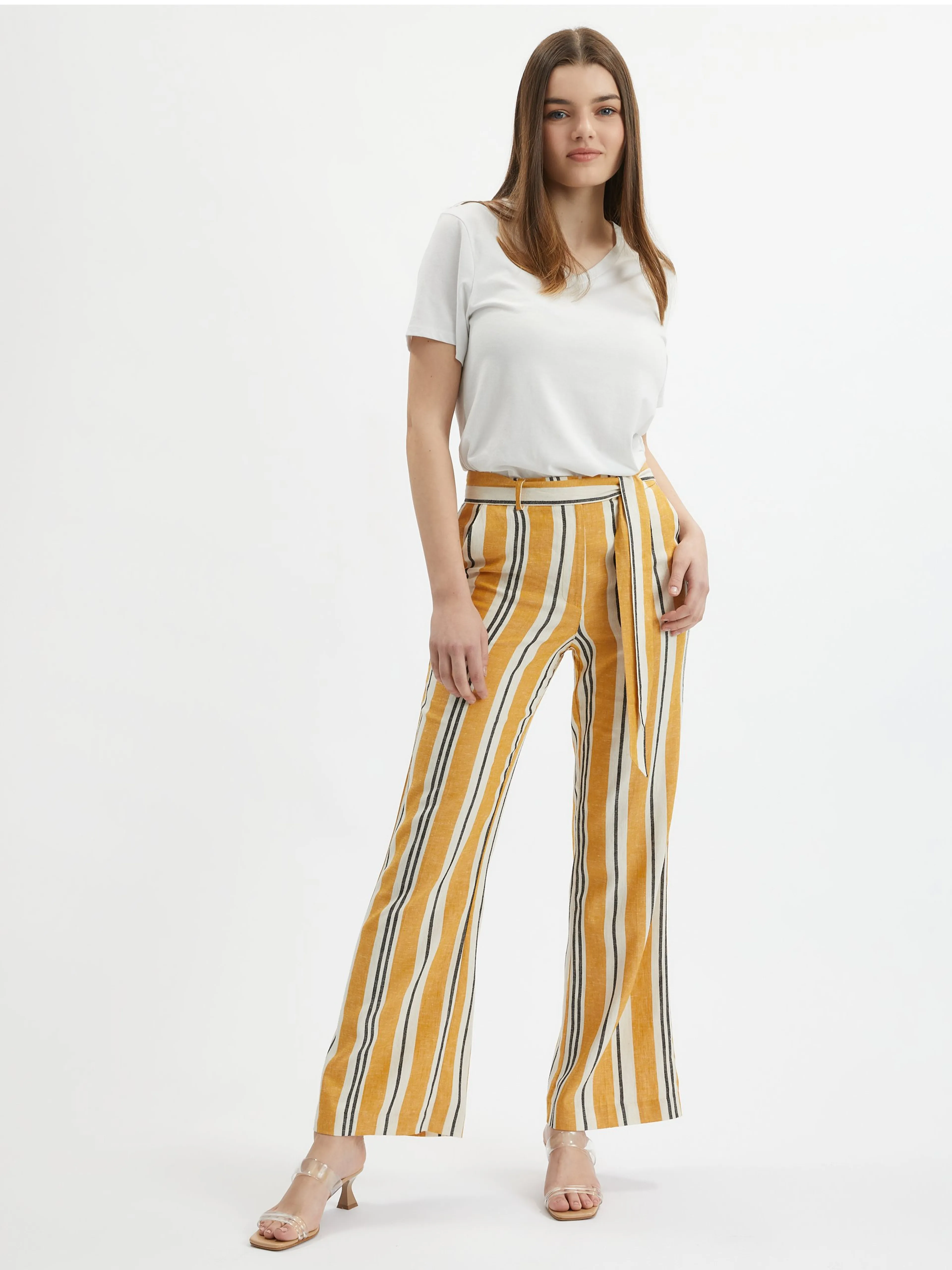 Orangefarbene gestreifte Damen-Leinenhose ORSAY