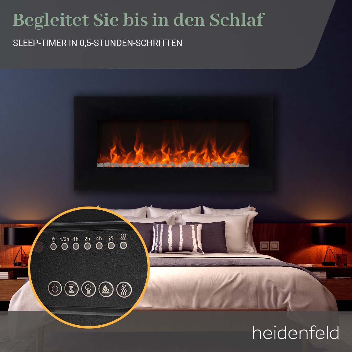 Heidenfeld Elektrokamin Kamin Heizung Wandkamin HF-WK500 750/1500 Watt inkl. 3 J. Garantie LED, 3D Flammen - Bluetooth Lautsprecher - Fernbedienung - Elektroheizung