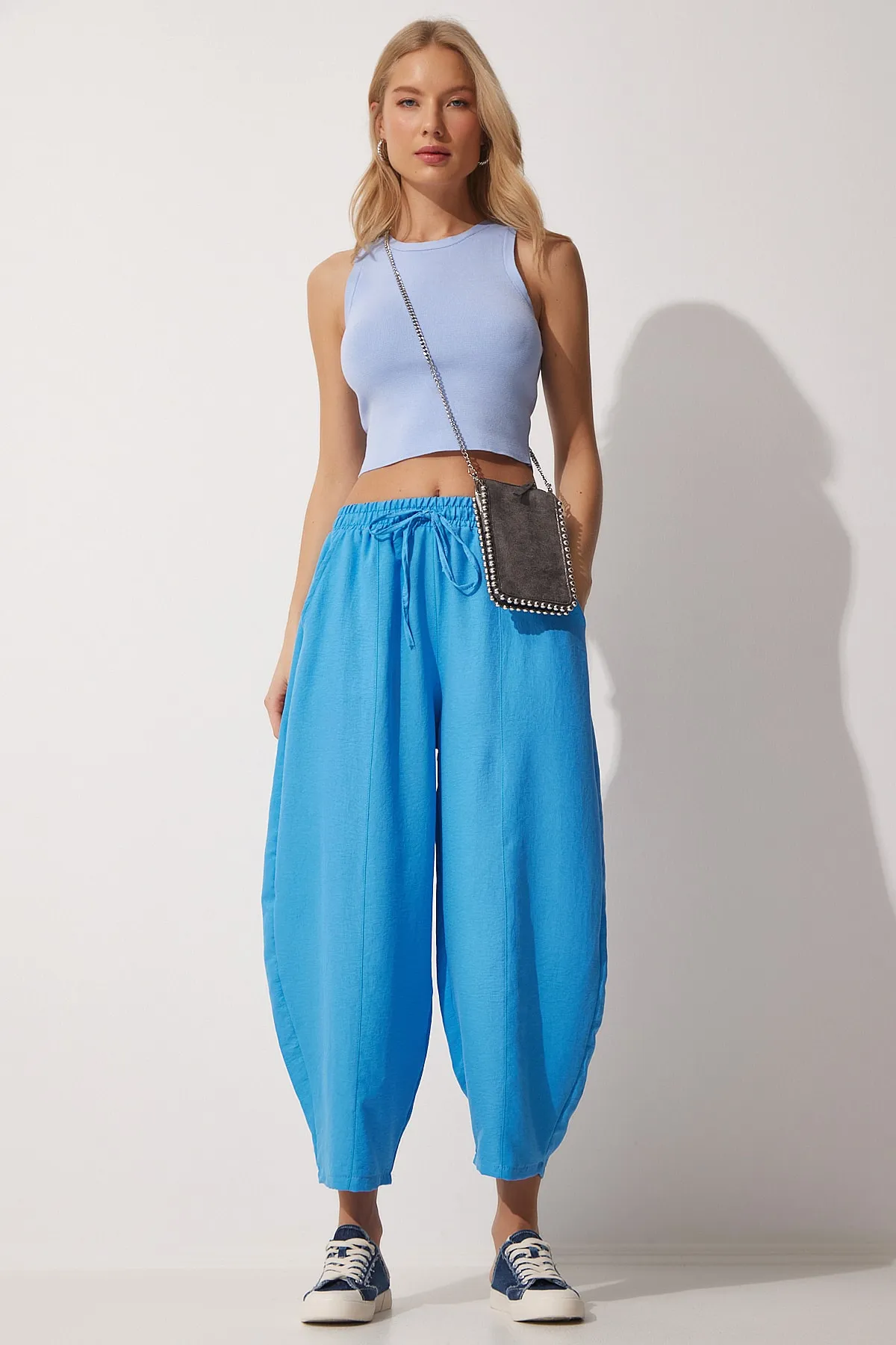 Happiness İstanbul  Blaue Leinen-Shalwar-Hose für Damen DZ00081