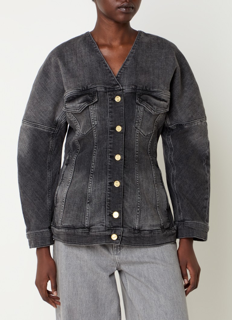 Jachetă Ganni din denim din bumbac organic cu buzunare la piept