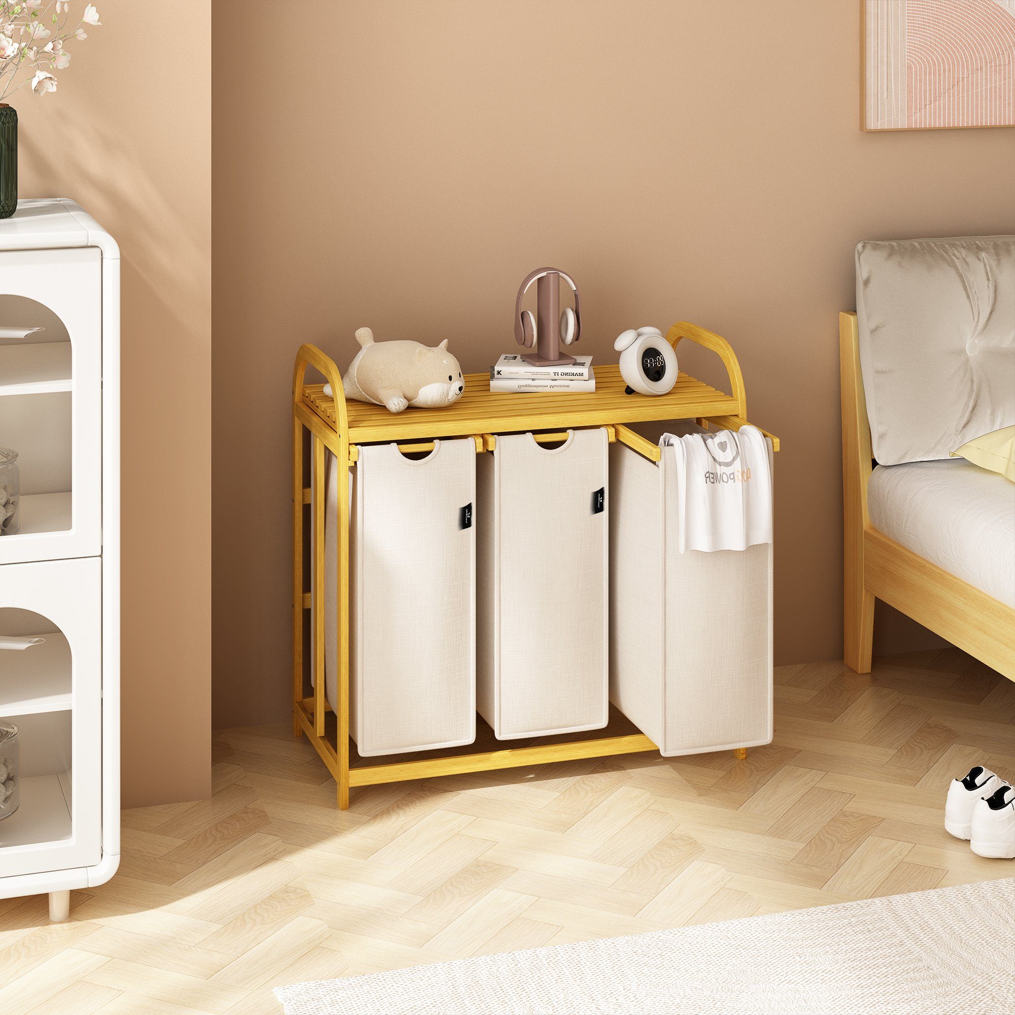 AdelDream Wäschekorb Wäschekörbe mit Bambusrahmen, 150 l, 3 Fächer
