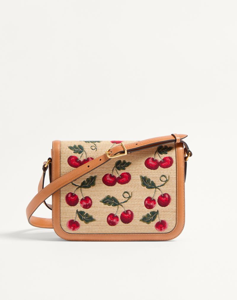 Valentino Garavani 9To5 Jacquard Raffia Skuldertaske med Kirsebærmotiv