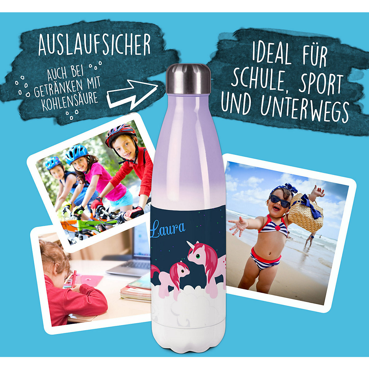 Edelstahl Kinder Thermoflasche / Trinkflasche bunt Einhorn Spülmaschinenfest, Auslaufsicher, Bruchfest, Doppelwandig, Für Heißgetränke geeignet, Mit Deckel, Isoliert