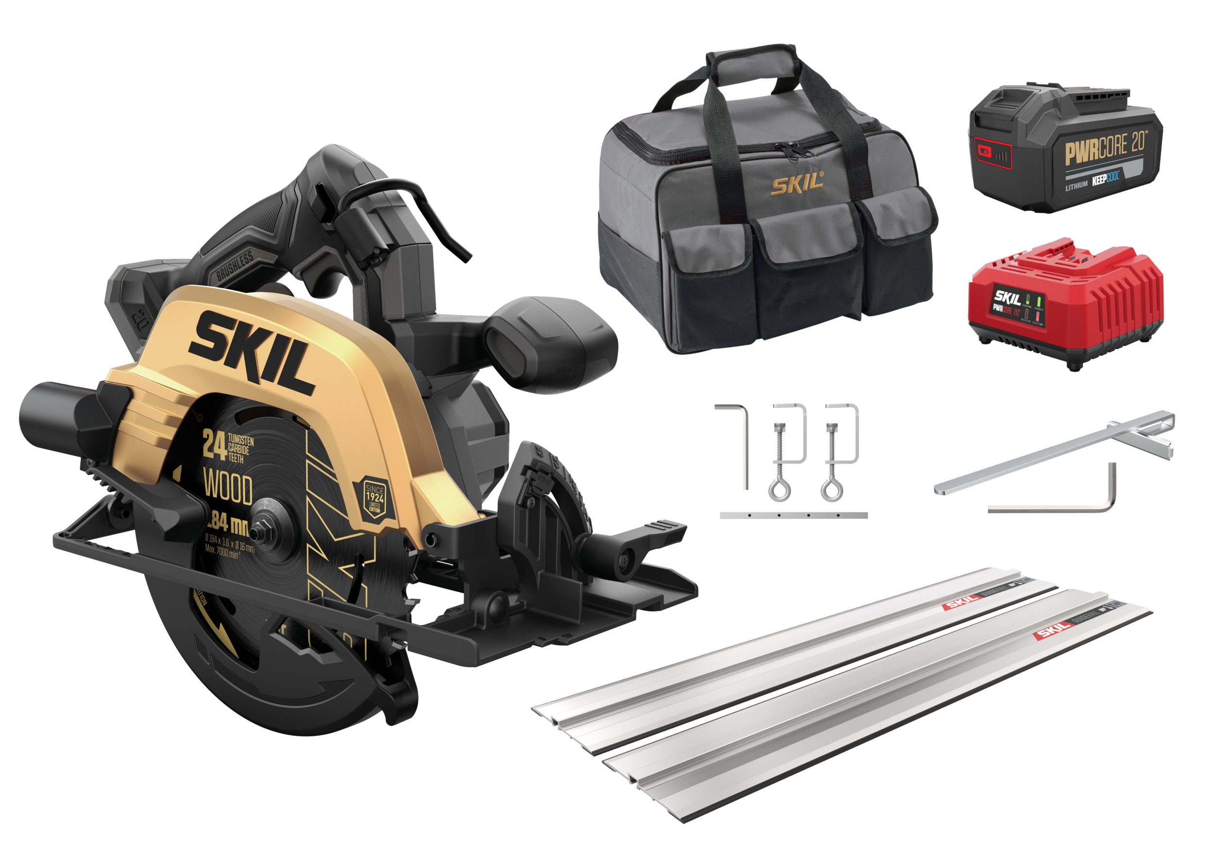 SKIL SW1E3575DB Limited Gold Edition Bežična kružna pila 20 V 4,0 Ah + 2 x ravnalo 70 cm + stezaljke u torbici