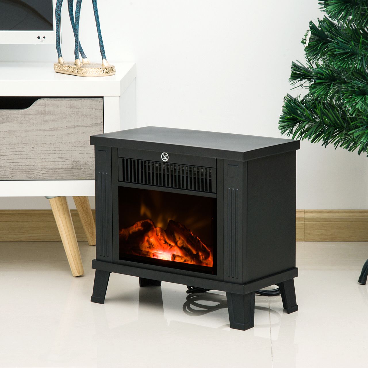 HOMCOM Elektrokamin Elektrischer Kamin Kaminofen Standkamin mit Flammeneffekt 600/1200W, Metall, Schwarz, 38,5x22x30,5 cm