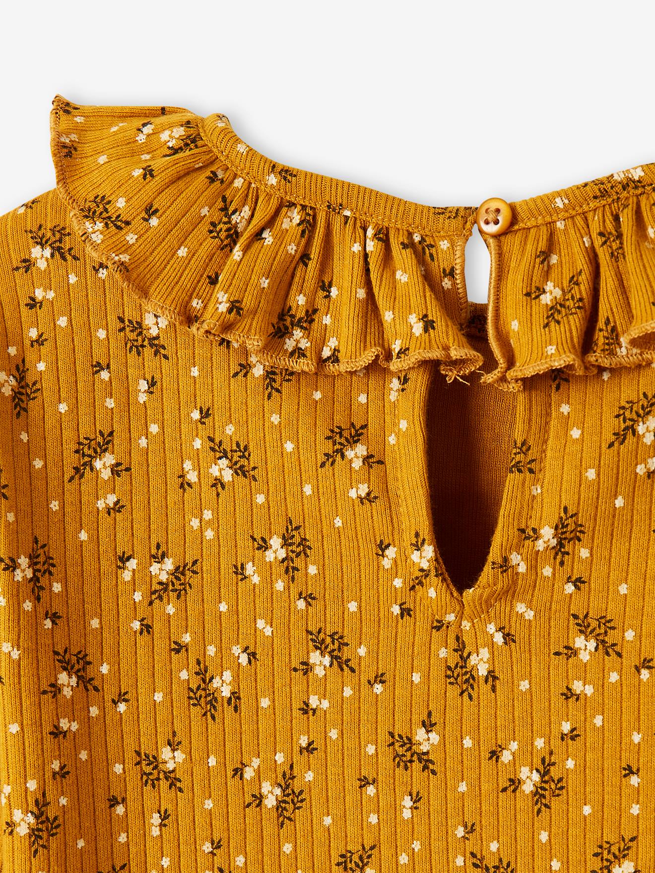 Vertbaudet Mädchen Shirt aus Rippenjersey, Blumen Oeko-Tex - senfgelb