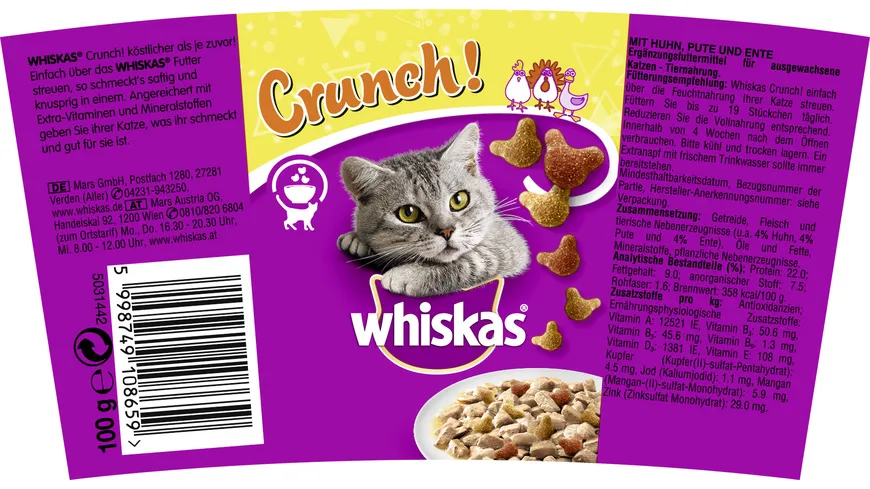 Whiskas® Crunch Becher mit Huhn, Pute und Ente 100 g