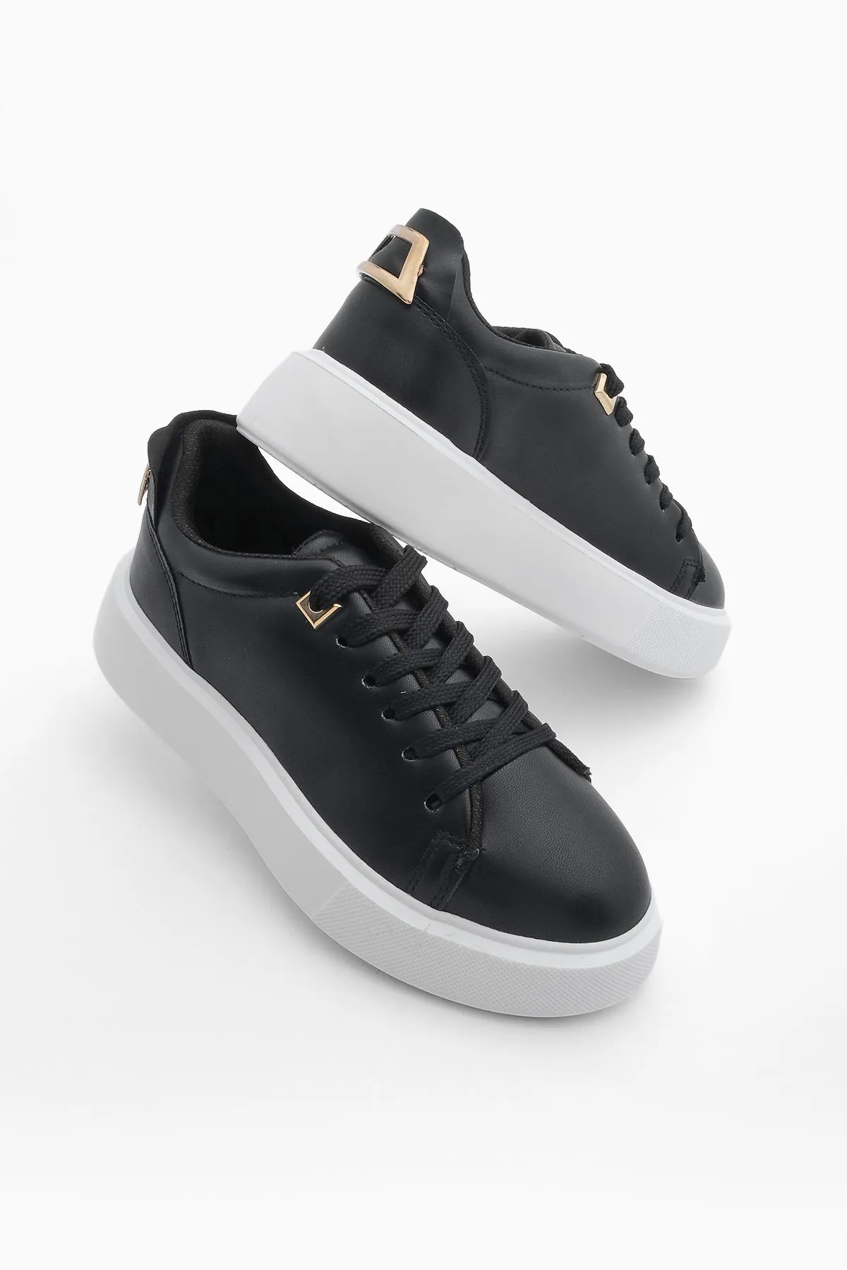 Marjin  Damen Sneakers Dicke Sohle Gold Schnalle Detailliert Schnürschuhe Sportschuhe Rofke Schwarz