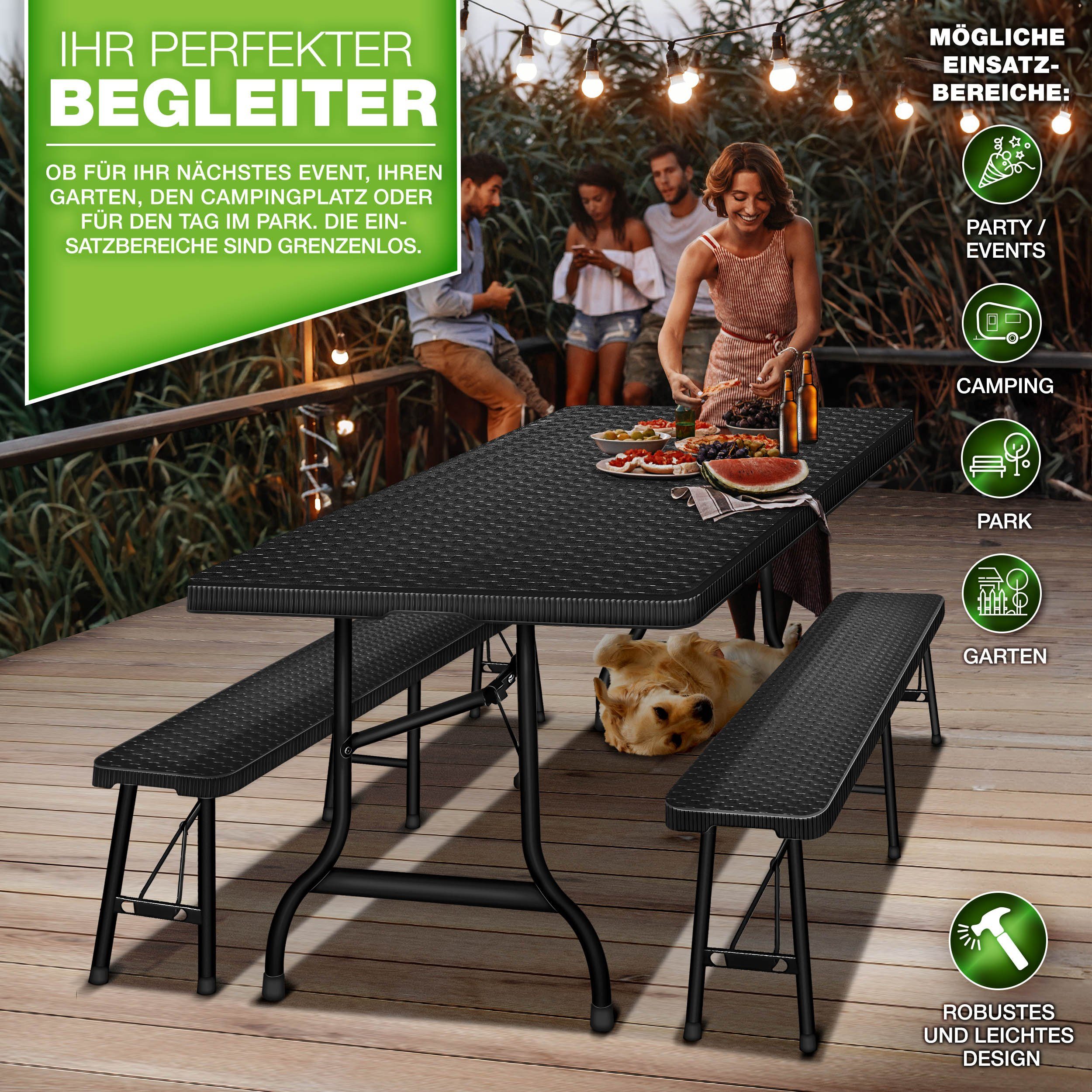 tillvex Bierzeltgarnitur klappbar 3-teilig Set Rattan Gartengarnitur wetterfest 180 cm, (Gartenmöbel Set Indoor & Outdoor mit Gartentisch und Bänken, Festzeltgarnitur)