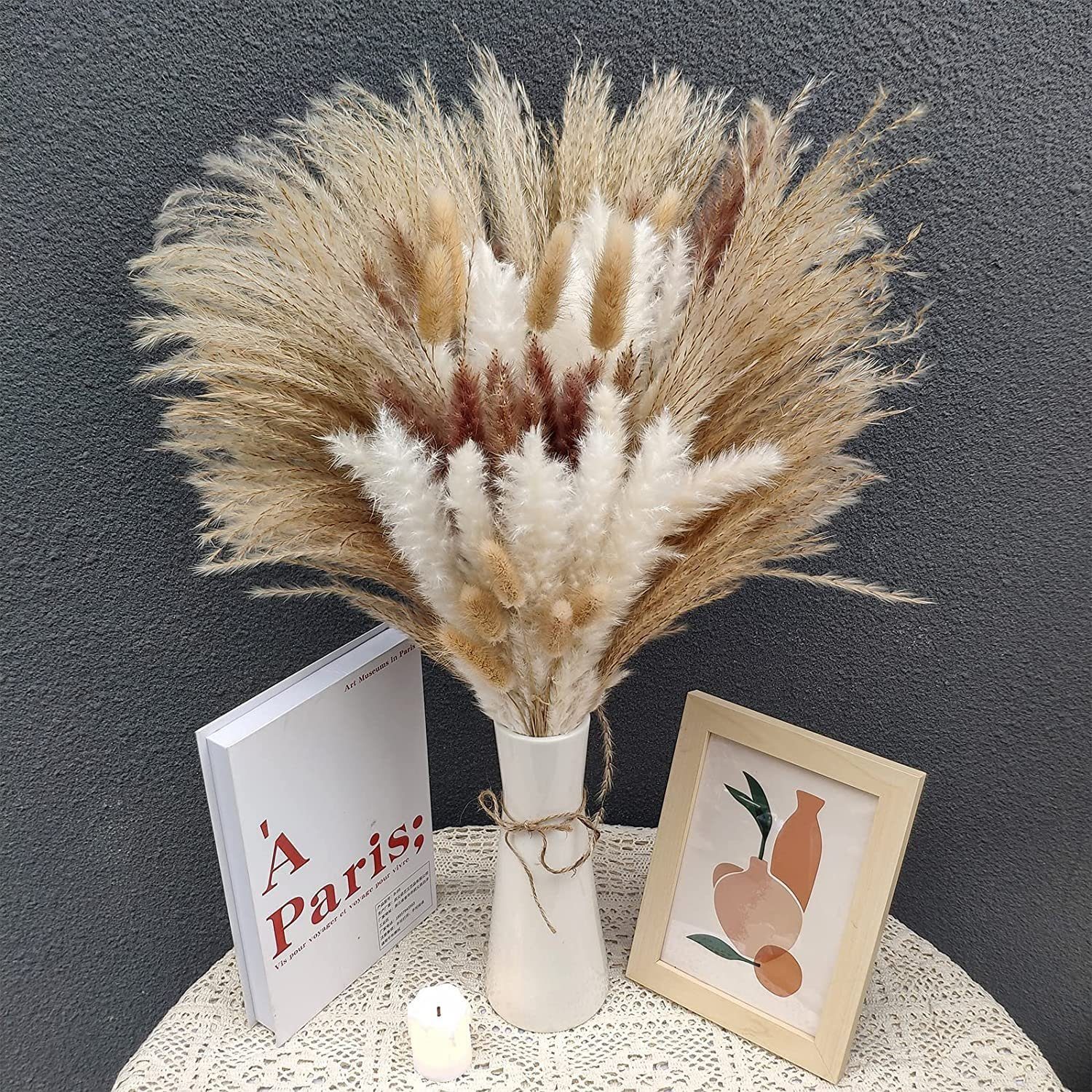 Trockenblume Pampasgras Getrocknet,75 Stück Natürliche Trockenblumen Pampasgras Pampasgras Trockenblumen, Mutoy, Höhe 45 cm, Flauschige Trockenblumen Deko-Blumen Boho-Stil für Heim Decor
