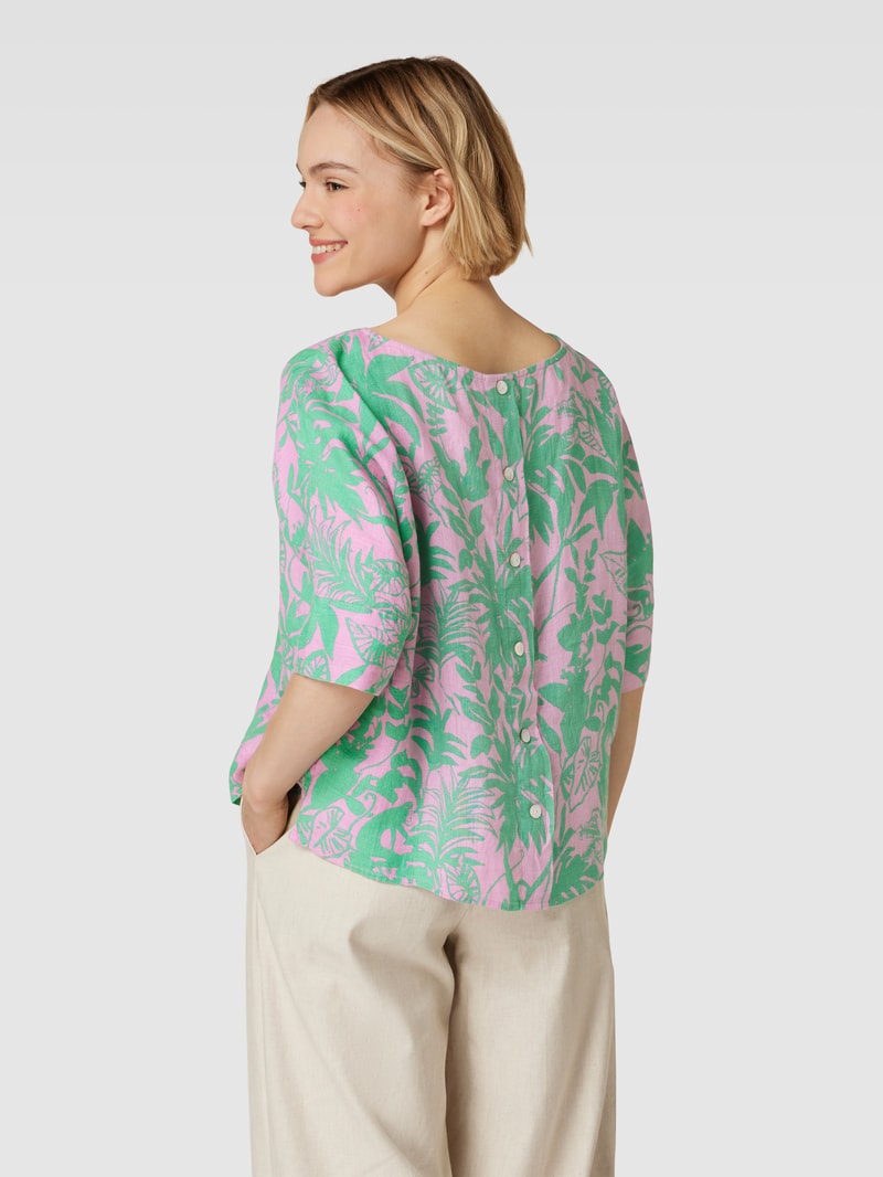 Blusenshirt aus Leinen mit Allover-Motiv-Print in dunkelgrün