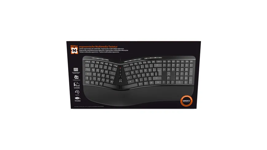 Müller ergonomische Multimedia-Tastatur mit 124 Tasten und Scroll-Rad, QWERTZ (DE/AT), kabelgebunden, schwarz