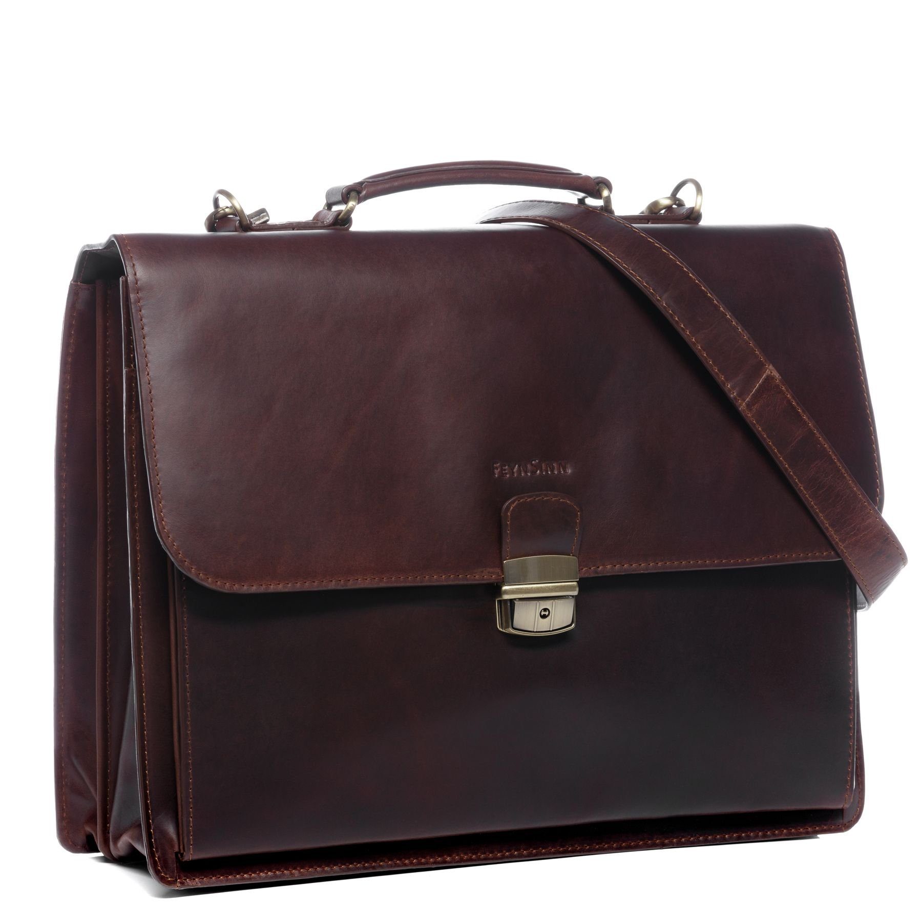 FEYNSINN Laptoptasche Leder Businesstasche Herren EMILIO, Laptoptasche 15,4 Zoll, Aktentasche Echtleder Herren braun-cognac