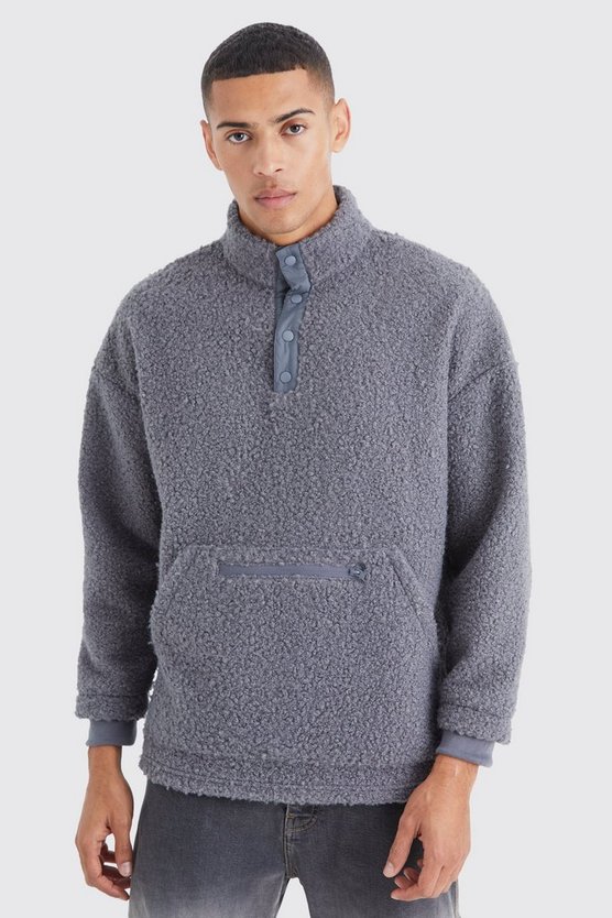 Oversize Bouclee Sweatshirt mit 1/4 Knöpfen und Trichterkragen