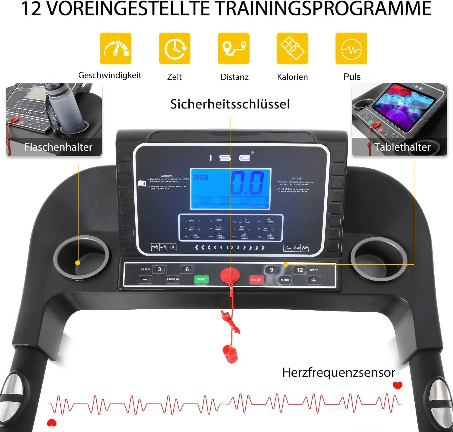 ISE Laufband (Elektrisches Laufband klappbar 2,0 PS Motor Multifunktions-LCD-Display), mit 12 Programmen, Leises Home Office Laufband, Manuelle Steigung
