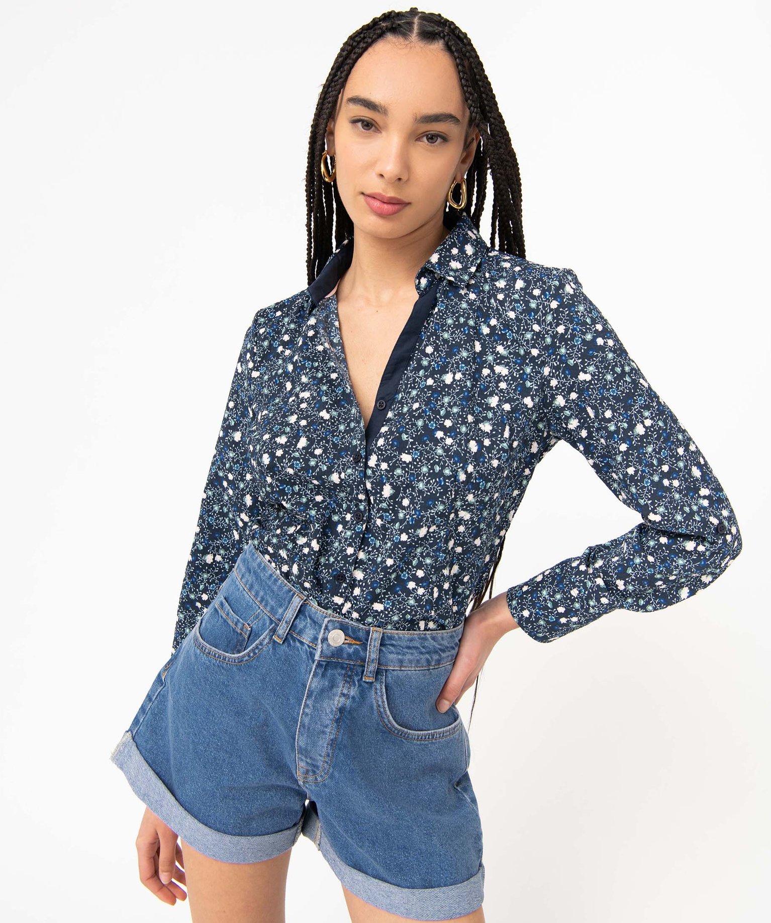 Chemise femme à motifs fleuris avec manches retroussables imprime | GEMO