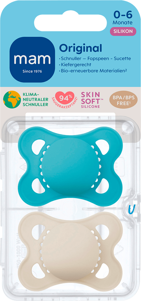 Schnuller Original plain Silikon blau/creme, 0-6 Monate, 2 St