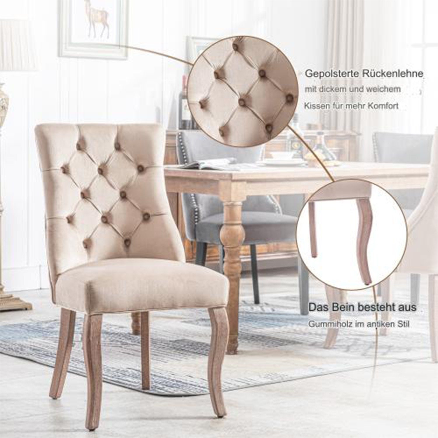 YANN 4-Fußstuhl 4-Fußstuhl, Stuhl Beige Samt Esszimmerstuhl,hohe Rückenlehne (4 St), mit Knopfsteppung, Gestell aus Massivholz, Beige(Set, 4 St)