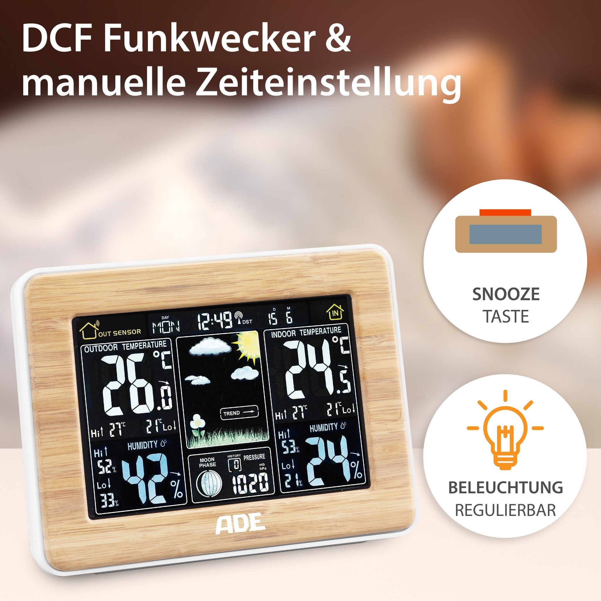 ADE Wetterstation Funk mit Außensensor, mit animierter Vorhersage Funkwetterstation (mit Barometer, LED-Farbdisplay, Funkwecker, Bambusrahmen)
