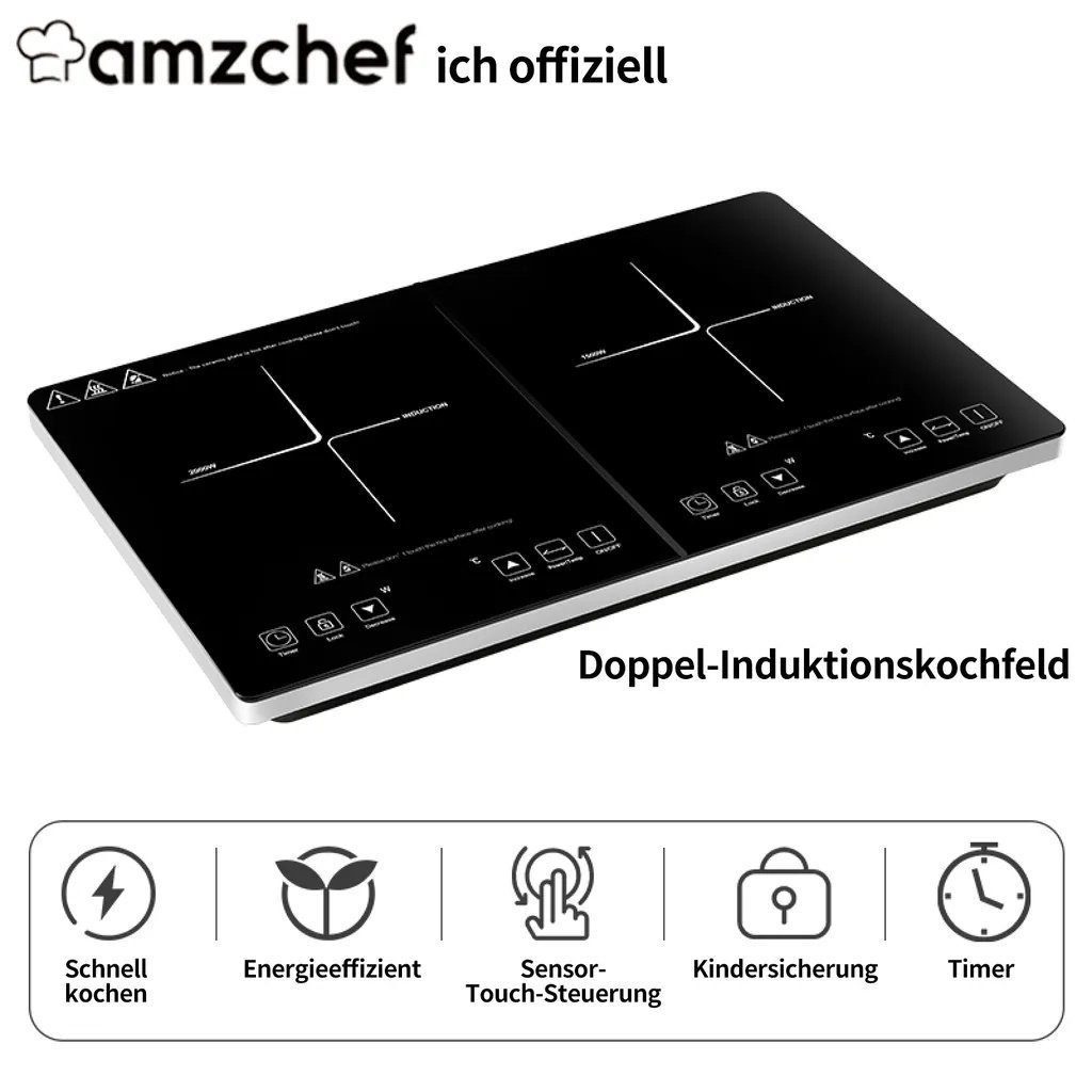 Ulife Doppel-Induktionskochplatte AMZCHEF 1500W+2000W, 10 Temperaturstufen, 58 x 36 x 6,8 cm