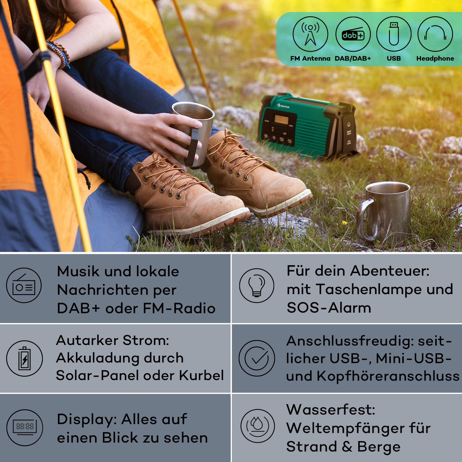 Auna Patagonia DAB+ Radio (DAB / DAB+ und FM-Radio, Outdoor Radio Solar Akku -Aufladung)