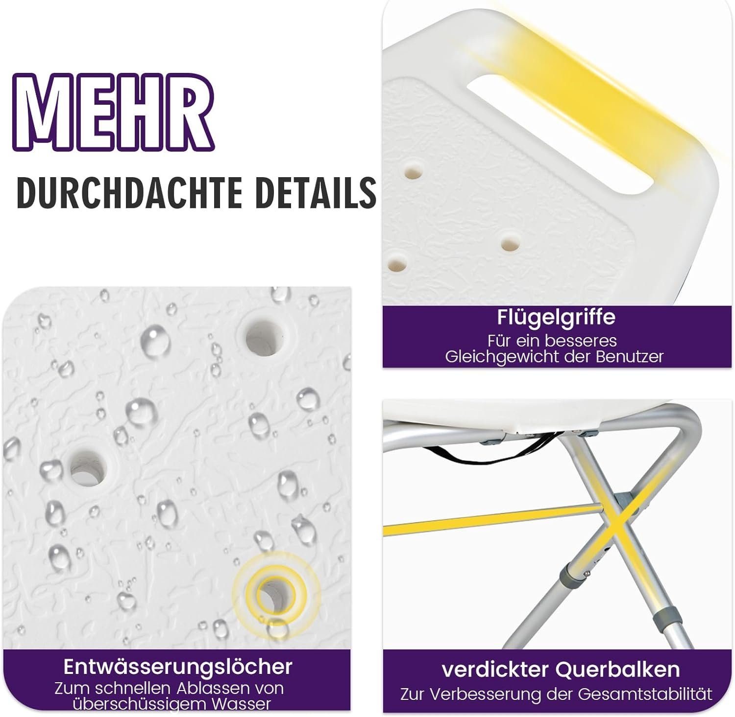 KOMFOTTEU Duschhocker Duschstuhl, belastbar bis 150,00 kg, höhenverstellbar & klappbar