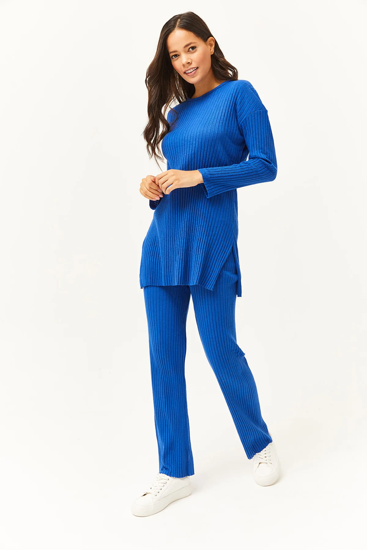 Olalook  Damen Saks Blau Oberteil Schlitz Bluse Unterteil Palazzo Kordelzug Anzug TKM-19000180
