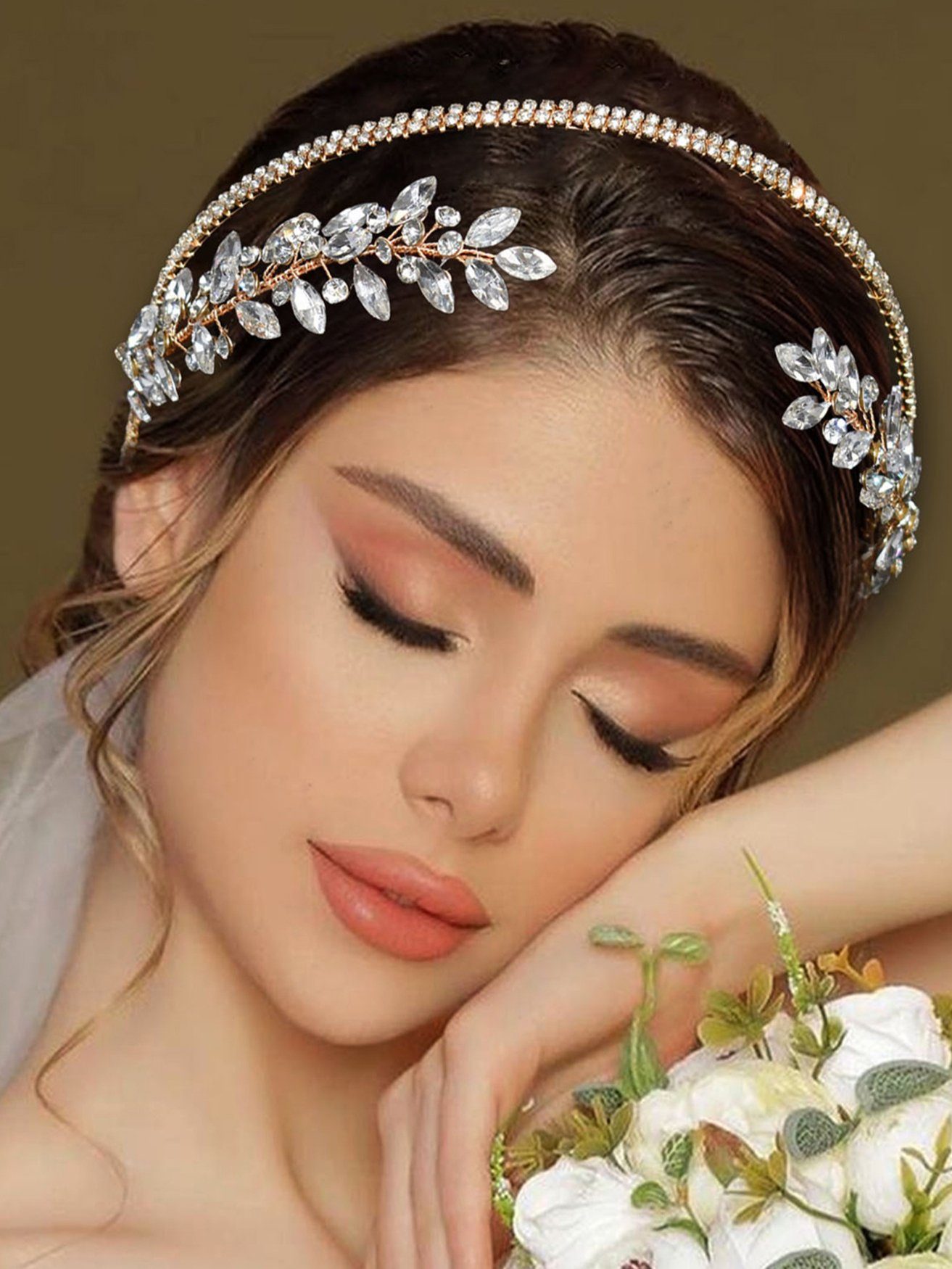 HOHEA H Haarband Kristall-Stirnband, Hochzeits-Haarschmuck, Braut-Haarschmuck, 1-tlg., goldener Haarschmuck, geeignet für Damen, eleganter Haarschmuck, Goldene Haaraccessoires, Perlenhaarnadeln, goldene Krone