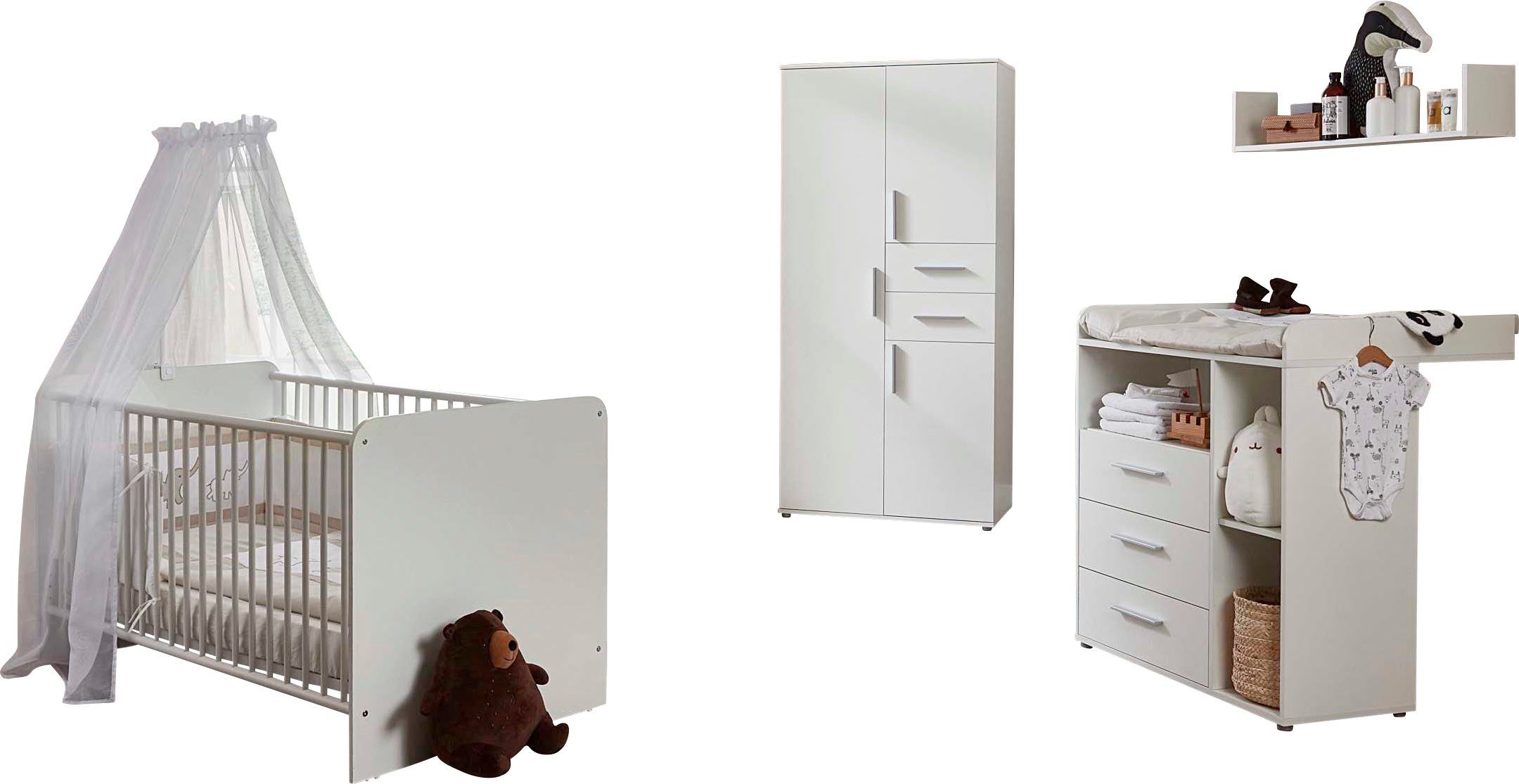 BMG Möbel Babyzimmer-Komplettset Lea, (Set, 4-St., Bett, Wickelkommode, Schrank, Wandboard), Bett + Wickelkommode + 3-trg. Schrank + Wandboard