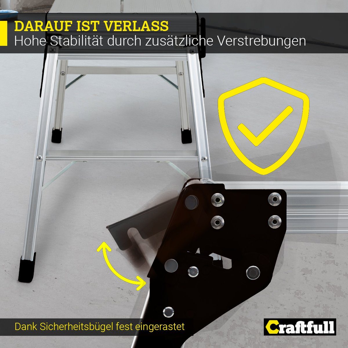 Craftfull Arbeitsplattform Arbeitspodest CF-107A klappbar - 3 J. Garantie - Aluminium (74 x 30 cm - 150 kg Traglast - Trittbank zum Einklappen - mini Arbeitsplattform - Werkbank - Heimwerken, 1-St., Anti-Rutsch, Sicherheitsbügel, klappbare Standfüße)