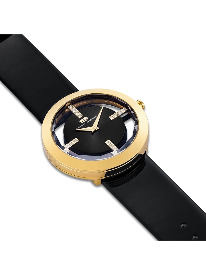 Rhodenwald & Söhne Damen Quarzuhr gelbgold Echtleder schwarz in schwarz günstig kaufen 18 cm