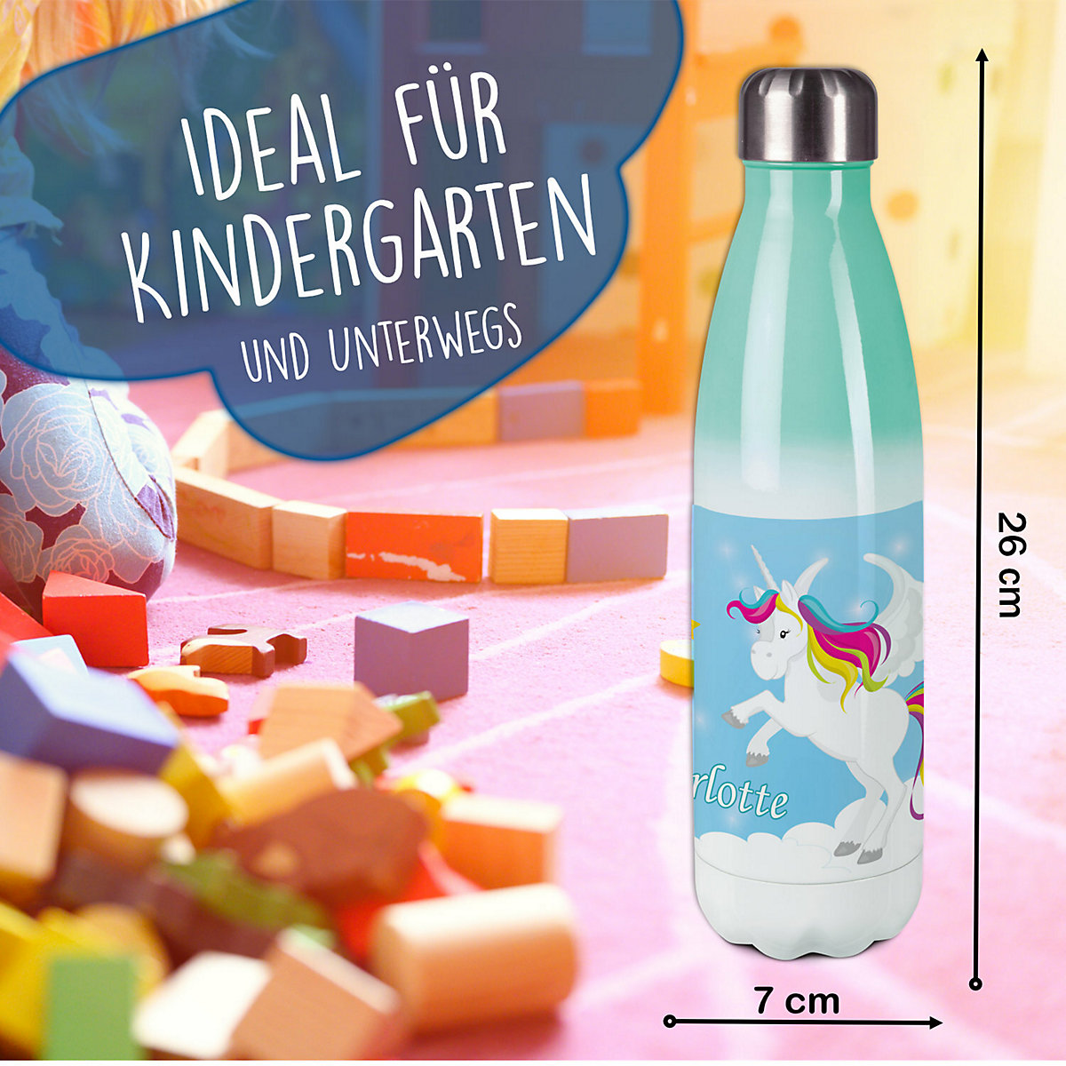 Edelstahl Kinder Thermoflasche / Trinkflasche bunt Pegasus Farbe blau Spülmaschinenfest, Auslaufsicher, Bruchfest, Doppelwandig, Für Heißgetränke geeignet, Mit Deckel, Isoliert