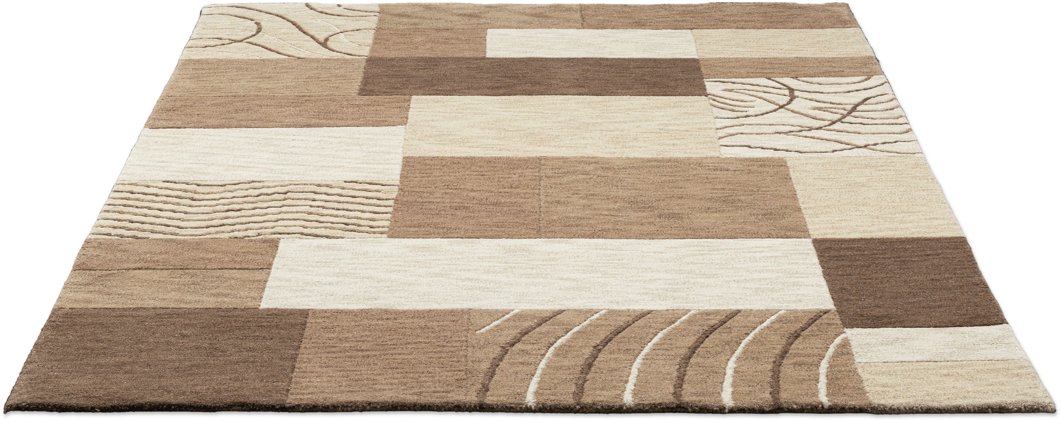 Wollteppich Royal Domas 4028, THEKO, rechteckig, Höhe: 14 mm, Kurzflor, reine Wolle, handgetuftet, modernes Patchwork Design