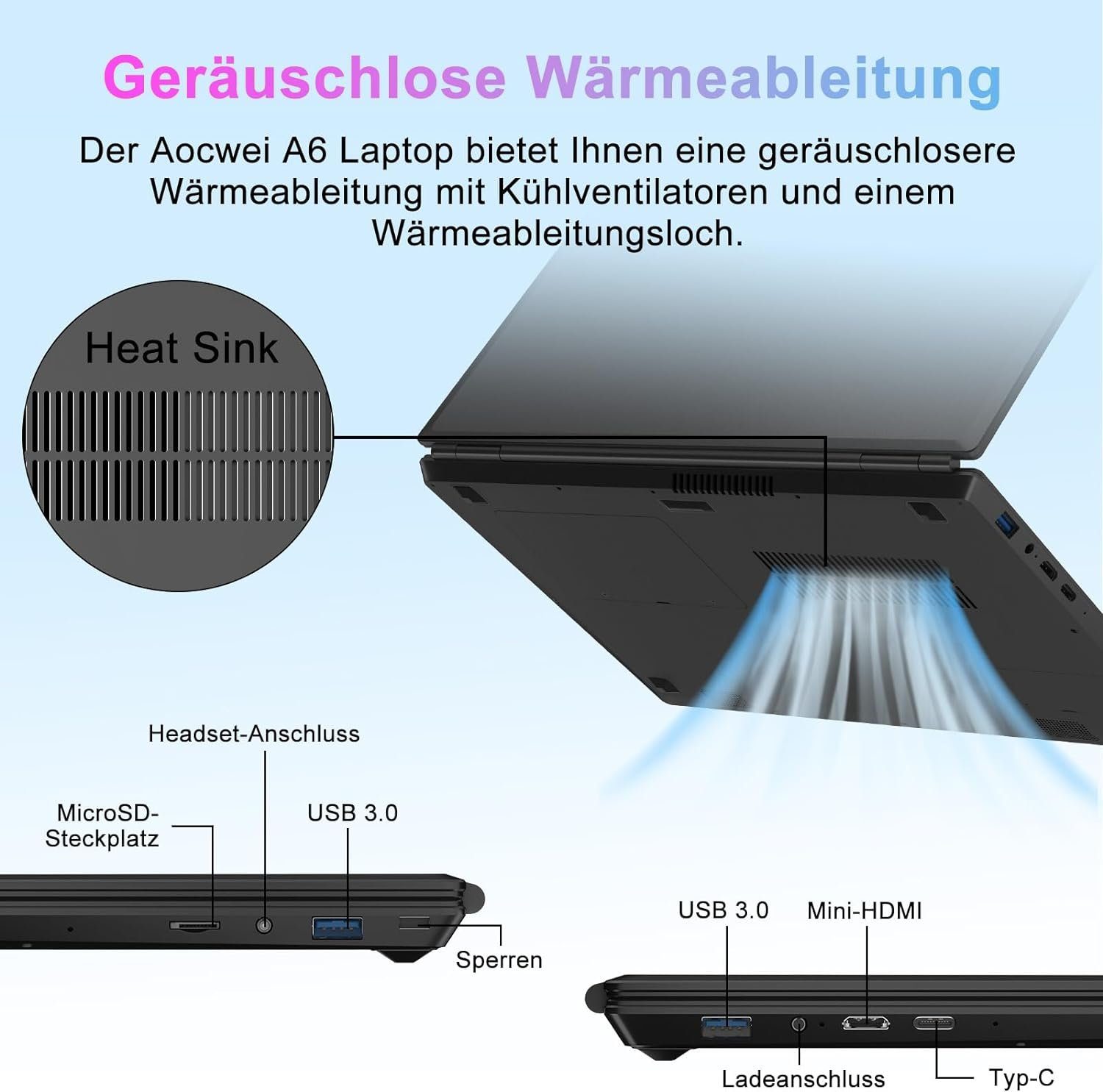 AOCWEI A6 Notebook (Intel Celeron N5095, UHD 600, 512 GB SSD, FHD 2,9 GHz reibungsloses Multitasking beeindruckendes Entertainment)