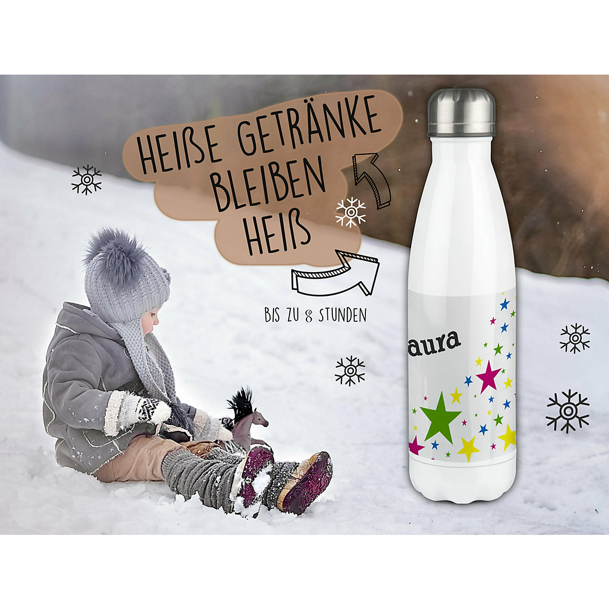 Edelstahl Kinder Thermoflasche / Trinkflasche bunt Sterne Spülmaschinenfest, Auslaufsicher, Bruchfest, Doppelwandig, Für Heißgetränke geeignet, Mit Deckel, Isoliert