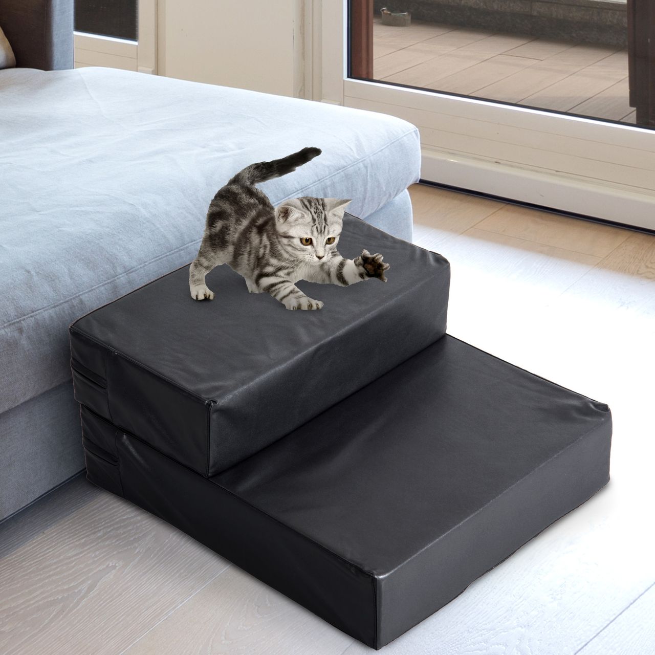 PawHut Tiertreppe Tierunterlage Klappbar Hundetreppe Treppe Unterlage für Katzen und Hunde Schwarz L45 x B39 x H20 cm