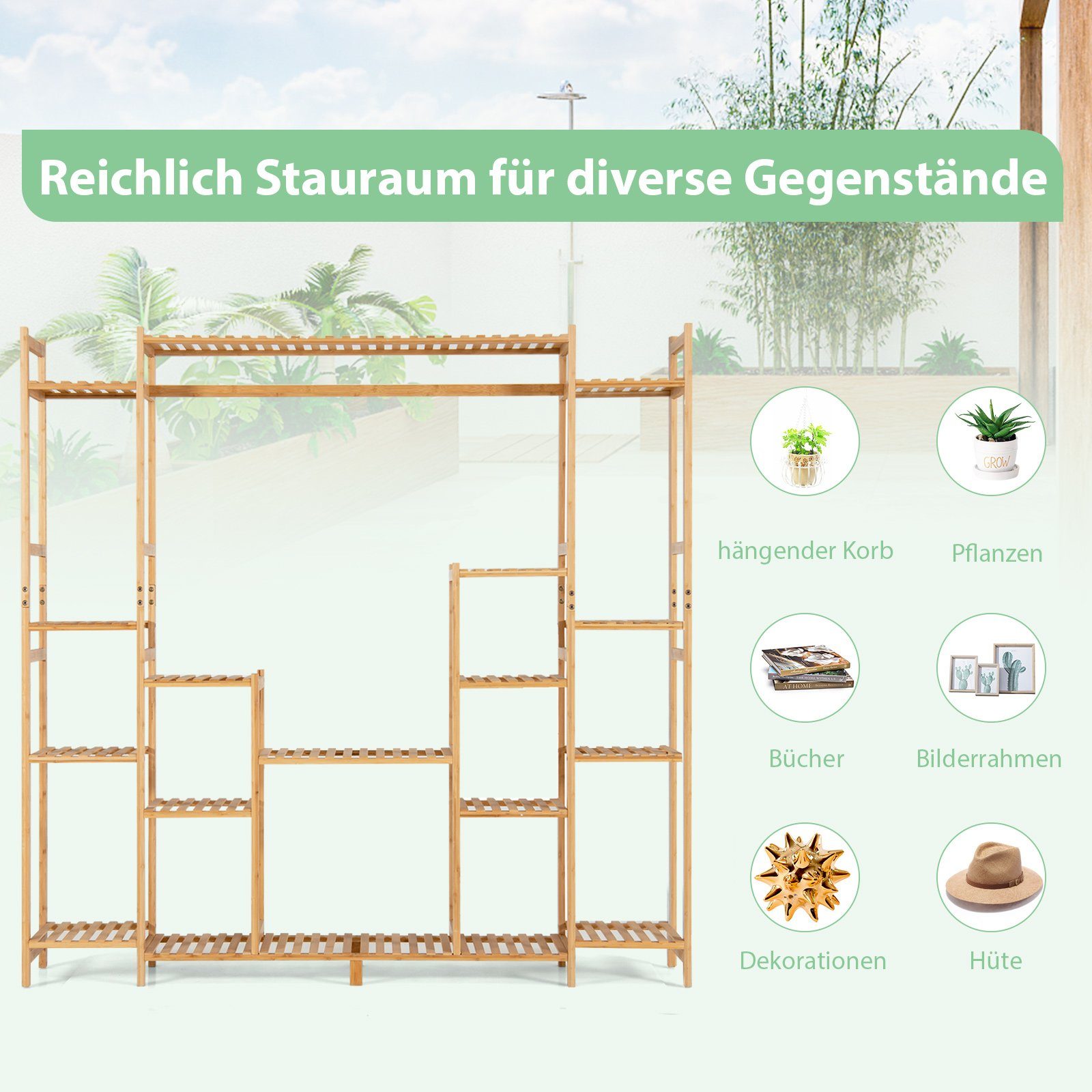 COSTWAY Pflanzentreppe, mit 9 Ebenen & Hängegestell, aus Bambus 167x30x166cm