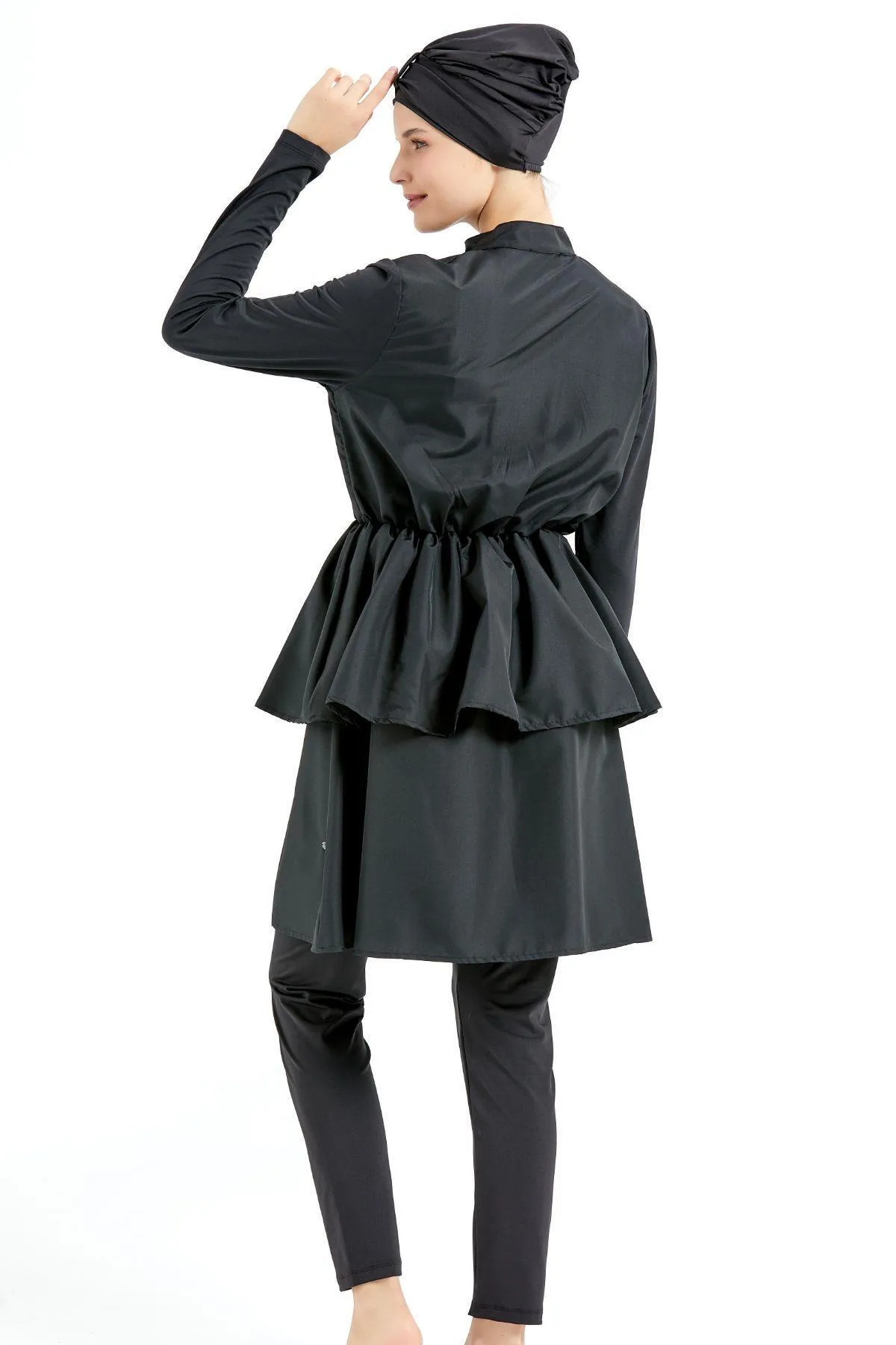 C&City  Vollständig bedeckter 4-teiliger plissierter Hijab-Badeanzug C14122 Schwarz