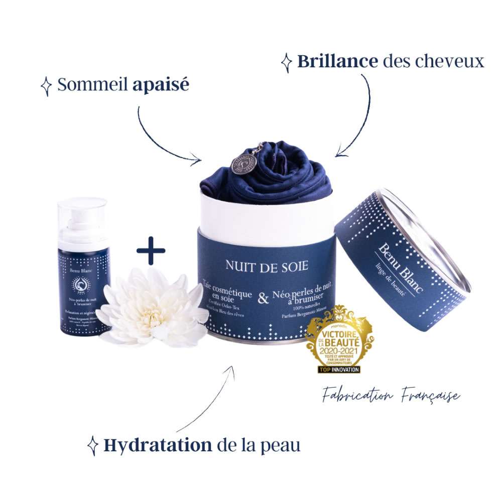 benu blanc Nuit de Soie, le rituel beauté et bien-être de la nuit Taie d'oreiller 100% pure soie et brumede soins  naturelle