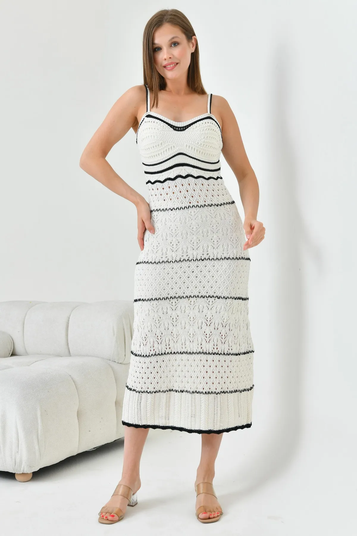 lovebox  Damen Strickwaren Strickstoff Dünne Träger Ungefüttert Midi Länge Häkeln Gestrickt Sommerkleid 1303
